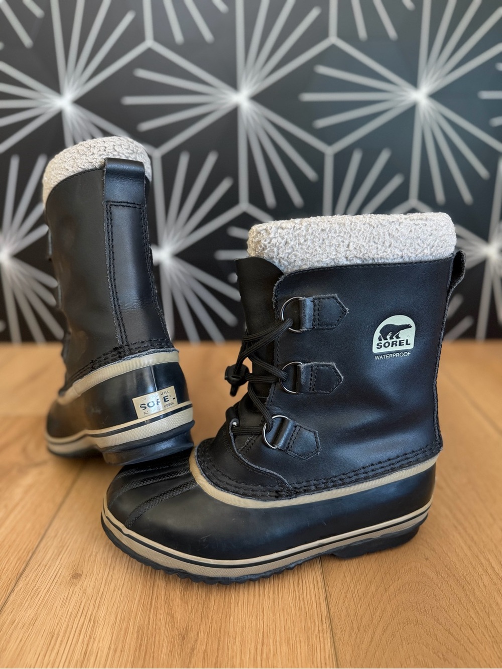 Sorel Black and Cream Waterproof Lace-Up Snow Boots